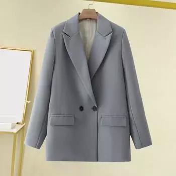 Женский весенне-осенний костюм, пальто с лацканами, длинными рукавами и карманами с клапанами, повседневный пиджак, однотонная двубортная деловая рабочая одежда S кофейный