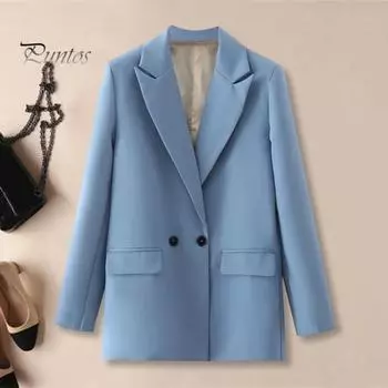 Женский весенне-осенний костюм, пальто с лацканами, длинными рукавами и карманами с клапанами, повседневный пиджак, однотонная двубортная деловая рабочая одежда S кофейный