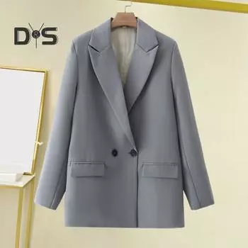 Женский весенне-осенний костюм, пальто с лацканами, длинными рукавами и карманами с клапанами, повседневный пиджак, однотонная двубортная деловая рабочая одежда S кофейный