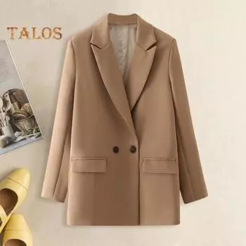 Женский весенне-осенний костюм, пальто с лацканами, длинными рукавами и карманами с клапанами, повседневный пиджак, однотонная двубортная деловая рабочая одежда S темно-серого