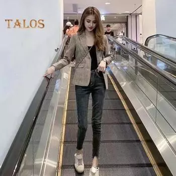 Женский весенне-осенний костюм, пальто с лацканами, однобортный пиджак с длинными рукавами и клетчатым принтом, деловая верхняя одежда с карманами и клапанами M хаки