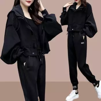 Женский весенне-осенний костюм, повседневная куртка с капюшоном и брюки с цветными блоками, темпераментный комплект из двух предметов M