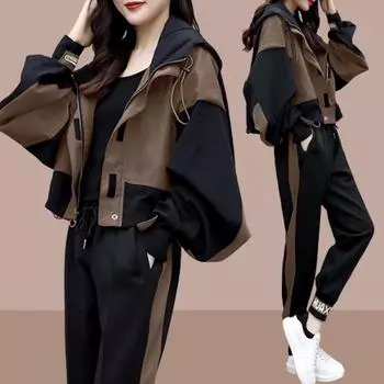 Женский весенне-осенний костюм, повседневная куртка с капюшоном и брюки с цветными блоками, темпераментный комплект из двух предметов 3XL