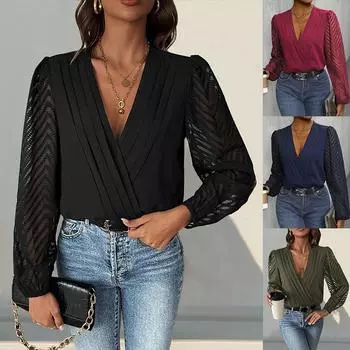 Женский весенне-осенний кружевной комбинезон с длинным рукавом и V-образным вырезом, однотонный комбинезон, футболка, блузка, топ S темно-синий