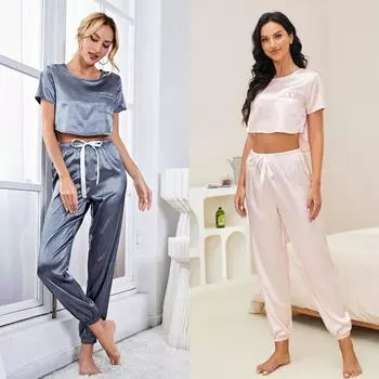Женский весенне-осенний летний комплект из двух предметов: пижамный комплект с короткими рукавами, штаны, О-образный вырез, бант, пуловер, домашняя одежда, тонкий, мягкий, однотонный M шампанского