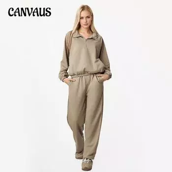 Женский весенне-осенний модный повседневный костюм с длинными рукавами и застежкой-молнией на лацкан M хаки