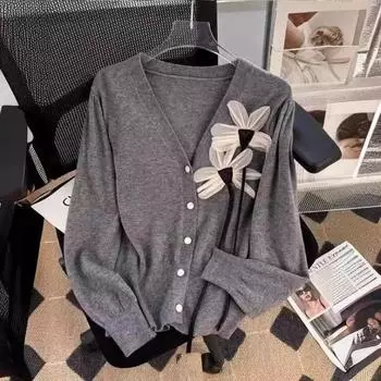 Женский весенне-осенний модный темпераментный цветочный кардиган с V-образным вырезом и полосатым вырезом S серый