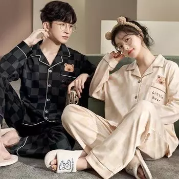 Женский весенне-осенний новый домашний костюм с длинными рукавами и мультяшным принтом, модные пижамы с лацканами для пар, можно носить пижамы M белый