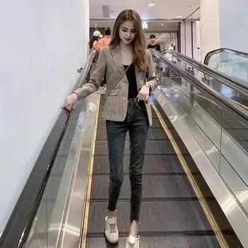 Женский весенне-осенний пиджак с лацканами, длинный рукав, однобортный пиджак с клетчатым принтом, клапан M хаки