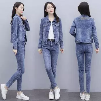 Женский весенне-осенний повседневный джинсовый костюм, джинсовая куртка + джинсы, комплект из 2 предметов L