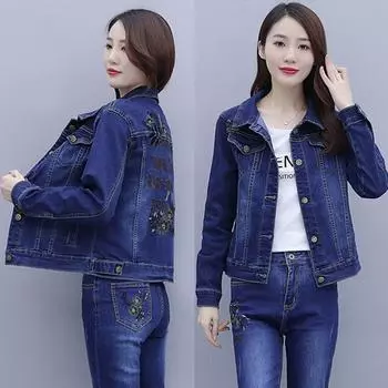 Женский весенне-осенний повседневный джинсовый костюм, джинсовая куртка с вышивкой + джинсы, комплект из 2 предметов 3XL темно-синий
