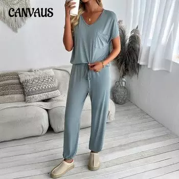 Женский весенне-осенний повседневный костюм из двух частей с V-образным вырезом и брюками на завязках S светло-синий