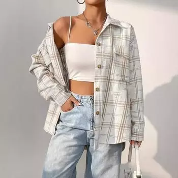 Женский весенне-осенний повседневный свободный кардиган средней длины с лацканами в клетку S белый