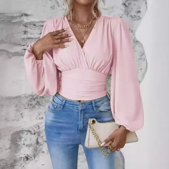 Женский весенне-осенний повседневный топ с V-образным вырезом и длинными рукавами, однотонный S чёрный