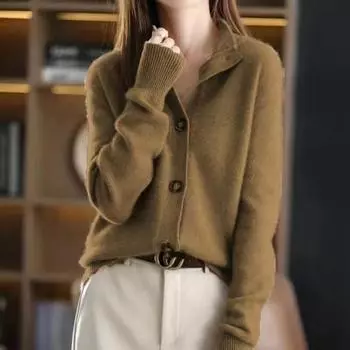 Женский весенне-осенний ретро вязаный кардиган однотонного цвета со стойкой, повседневная свободная короткая куртка с темпераментом 2XL