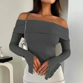 Женский весенне-осенний сексуальный топ с прямым вырезом и открытыми плечами, длинными рукавами, футболка, базовый слой XS серый