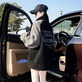 Женский весенне-осенний свитер, кардиган, утолщенное пальто из искусственной овечьей шерсти, свободная куртка с высоким воротником XXL чёрный