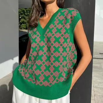 Женский весенне-осенний свободный вязаный жилет без рукавов с V-образным вырезом и шикарным свитером с принтом S чёрный