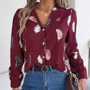 Женский весенне-осенний темпераментный костюм с принтом перьев, рубашка с длинным рукавом, блузки с воротником S синий