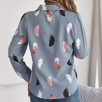 Женский весенне-осенний темпераментный костюм с принтом перьев, рубашка с длинным рукавом, блузки с воротником S синий