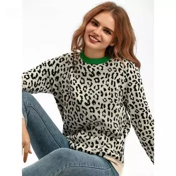 Женский весенне-осенний толстый вязаный свитер, пуловер, леопардовый жаккардовый цвет, свободная нижняя рубашка One Size белый