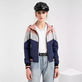 Женский весенне-осенний тонкий плащ с длинным рукавом с капюшоном и цветными блоками, S-XXL S синий