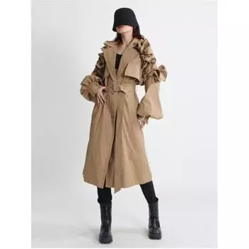 Женский весенне-осенний тонкий тренчкот с длинными рукавами и лацканами, удлиненная куртка для поездок на работу в стиле темперамент L хаки
