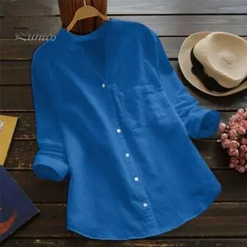 Женский весенне-осенний топ-рубашка, однотонный свободный крой из дышащей ткани, однобортный повседневный топ с v-образным вырезом и длинными рукавами, уличная одежда L синий