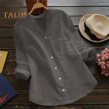 Женский весенне-осенний топ-рубашка, однотонный свободный крой из дышащей ткани, однобортный повседневный топ с v-образным вырезом и длинными рукавами, уличная одежда L синий