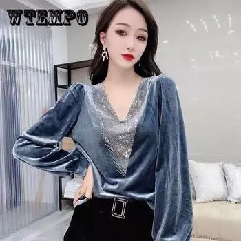 Женский весенне-осенний топ с длинными рукавами, сексуальная свободная футболка большого размера с v-образным вырезом XXXL чёрный