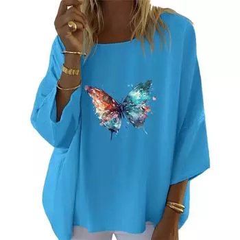 Женский весенне-осенний топ с круглым вырезом, женская модная рубашка с длинными рукавами и принтом 3/4, женские повседневные свободные блузки S