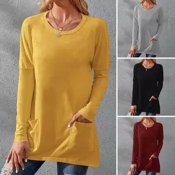 Женский весенне-осенний топ с круглым вырезом, свободная однотонная футболка с длинными рукавами и карманами средней длины, повседневная мягкая дышащая женская футболка 2XL вино красного