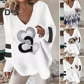 Женский весенне-осенний топ с V-образным вырезом, свободный полосатый принт с кошачьим сердцем, длинный рукав, свободный свитер, неровный подол, женская футболка, блузка M A