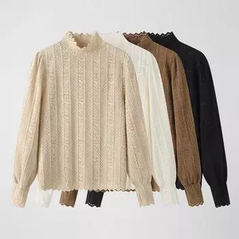 Женский весенне-осенний универсальный пуловер с полувысоким воротом и принтом «Грибок», элегантный пуловер с крючком и цветком, базовый слой S чёрный