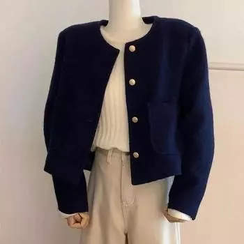 Женский весенне-осенний винтажный синий твидовый жакет с круглым вырезом, французская элегантность, повседневная верхняя одежда XL темно-синий