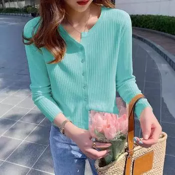 Женский весенне-осенний вязаный однотонный кардиган, внешний свитер S розовый