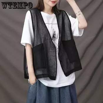 Женский весенне-осенний жилет, чистая куртка без рукавов, льняной кардиган, модная корейская короткая дизайнерская куртка в стиле ретро, большие размеры M чёрный