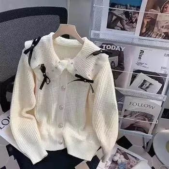 Женский весенний кардиган вязанной ромбовидной вязки с бантом на шее куклы, маленький ароматный милый короткий свитер в иностранном стиле, женский кардиган One Size розовый
