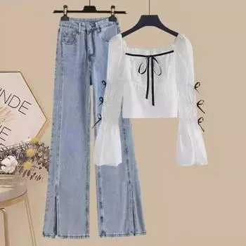 Женский весенний костюм больших размеров 2023 года: Утягивающий комплект из двух предметов: рубашка и джинсы с разрезами