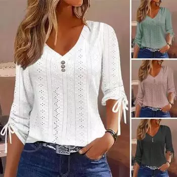 Женский весенний кружевной однотонный топ с аппликацией с v-образным вырезом и длинным рукавом, декор на пуговицах, декор на ремне, повседневная свободная женская осенняя футболка M розовый
