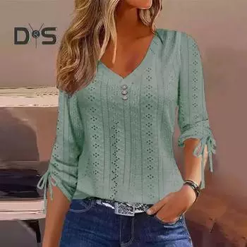 Женский весенний кружевной однотонный топ с аппликацией с v-образным вырезом и длинными рукавами, декор на пуговицах, декор на ремне, повседневная свободная женская осенняя футболка M розовый