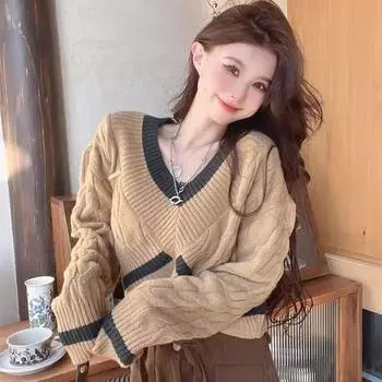 Женский весенний ленивый стиль утолщенный витой свитер короткий и утягивающий дизайн топ с V-образным вырезом для осени и зимы S чёрный