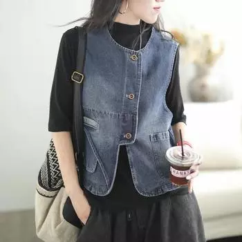 Женский весенний литературный винтажный джинсовый жилет индивидуальный дизайн без рукавов рабочая одежда топ 4XL