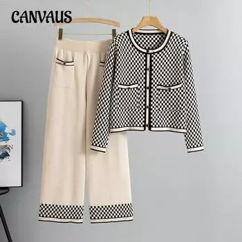 Женский весенний новый модный повседневный клетчатый свитер с широкими штанинами и трикотажным комплектом из двух предметов one size абрикосовый