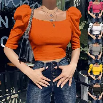 Женский весенний новый женский простой топ с квадратным вырезом и пышными рукавами, женский короткий рукав S белый