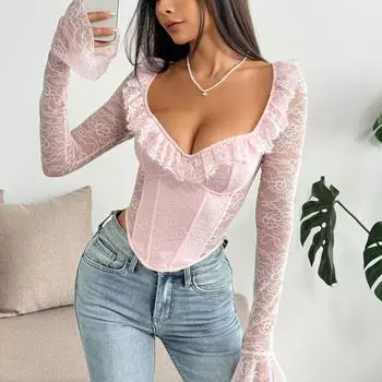 Женский весенний облегающий эластичный кружевной топ на косточках с косточками L розовый