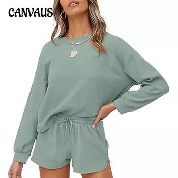 Женский весенний однотонный круглый вырез домашний костюм повседневный с длинным рукавом на шнурке S чёрный