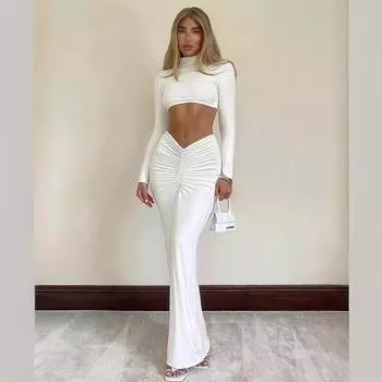 Женский весенний однотонный повседневный костюм с длинными рукавами, высоким воротом и плиссированной длинной юбкой S белый