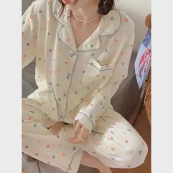 Женский весенний пижамный комплект: Длинный рукав, дизайн с пузырьками и корой Medium