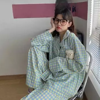Женский весенний пижамный комплект из 2 предметов, женский милый домашний костюм с мультяшным принтом, осенний удобный клетчатый принт, длинные рукава, топы и брюки, домашняя одежда M